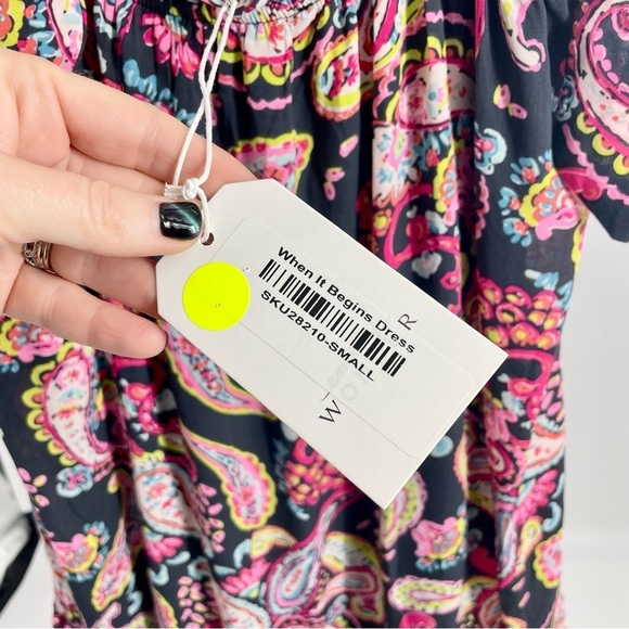 NWT Emily Wonder Black Paisley Ruffle Dress Preppy Maxi‎ Boxy Boho Small - Picture 13 of 14